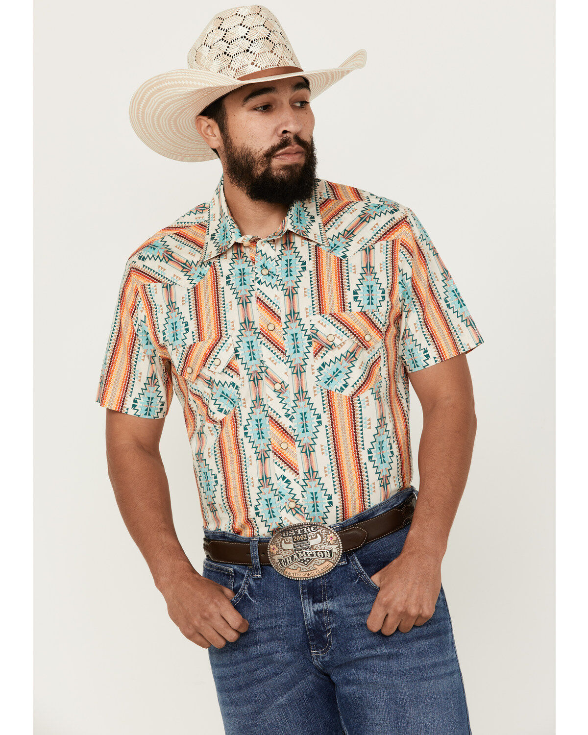 Men's Rock & Roll Denim Southwestern Print Short Sleeve Pearl Snap Str