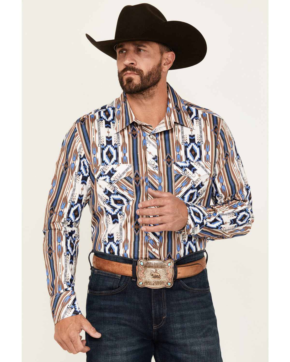 Men's Rock & Roll Denim Southwestern Print Long Sleeve Snap Stretch We
