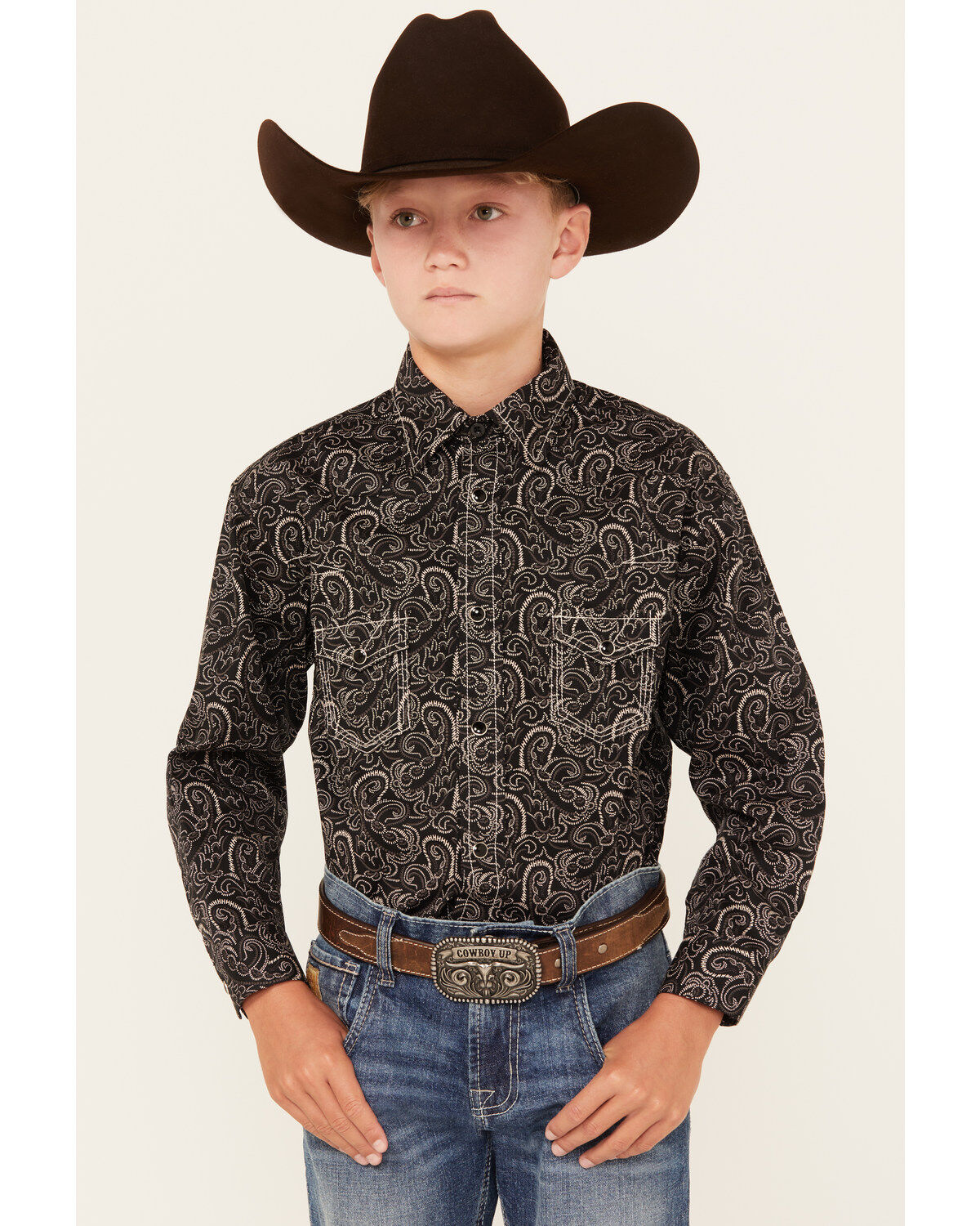 Boys' Rock & Roll Denim Paisley Print Long Sleeve Snap Western Shirt