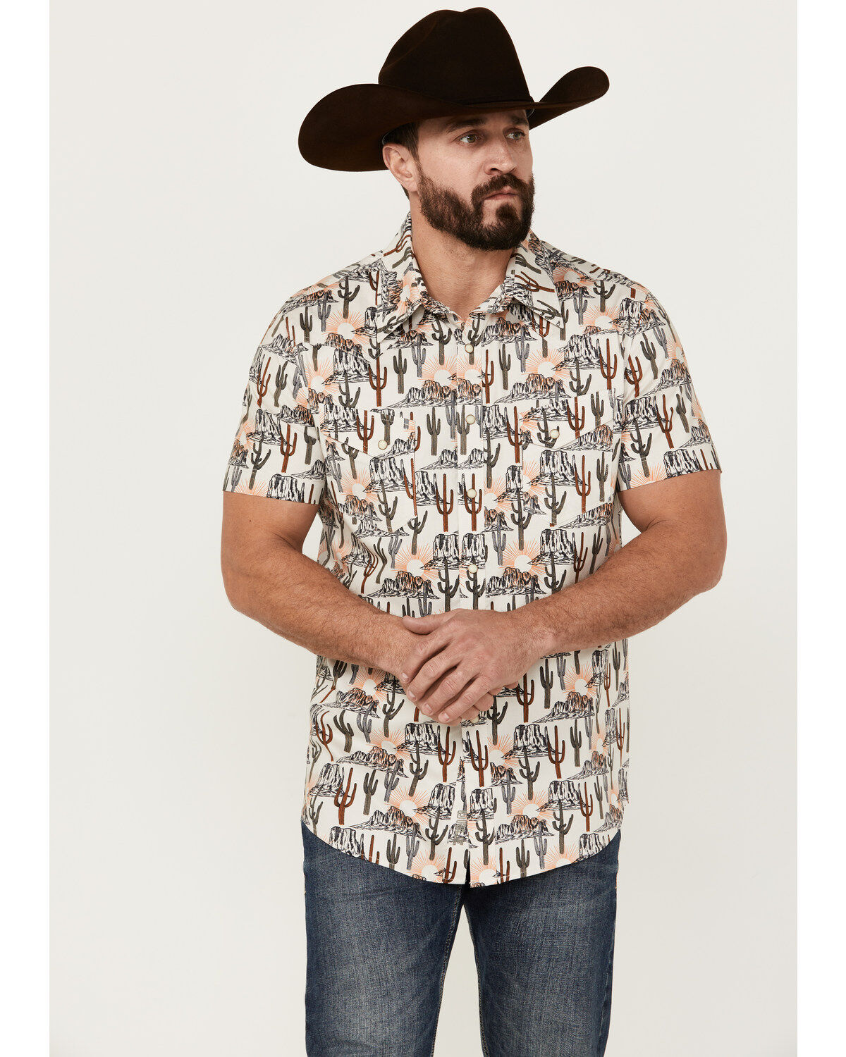 Men's Rock & Roll Denim Cactus Desert Print Short Sleeve Pearl Snap St