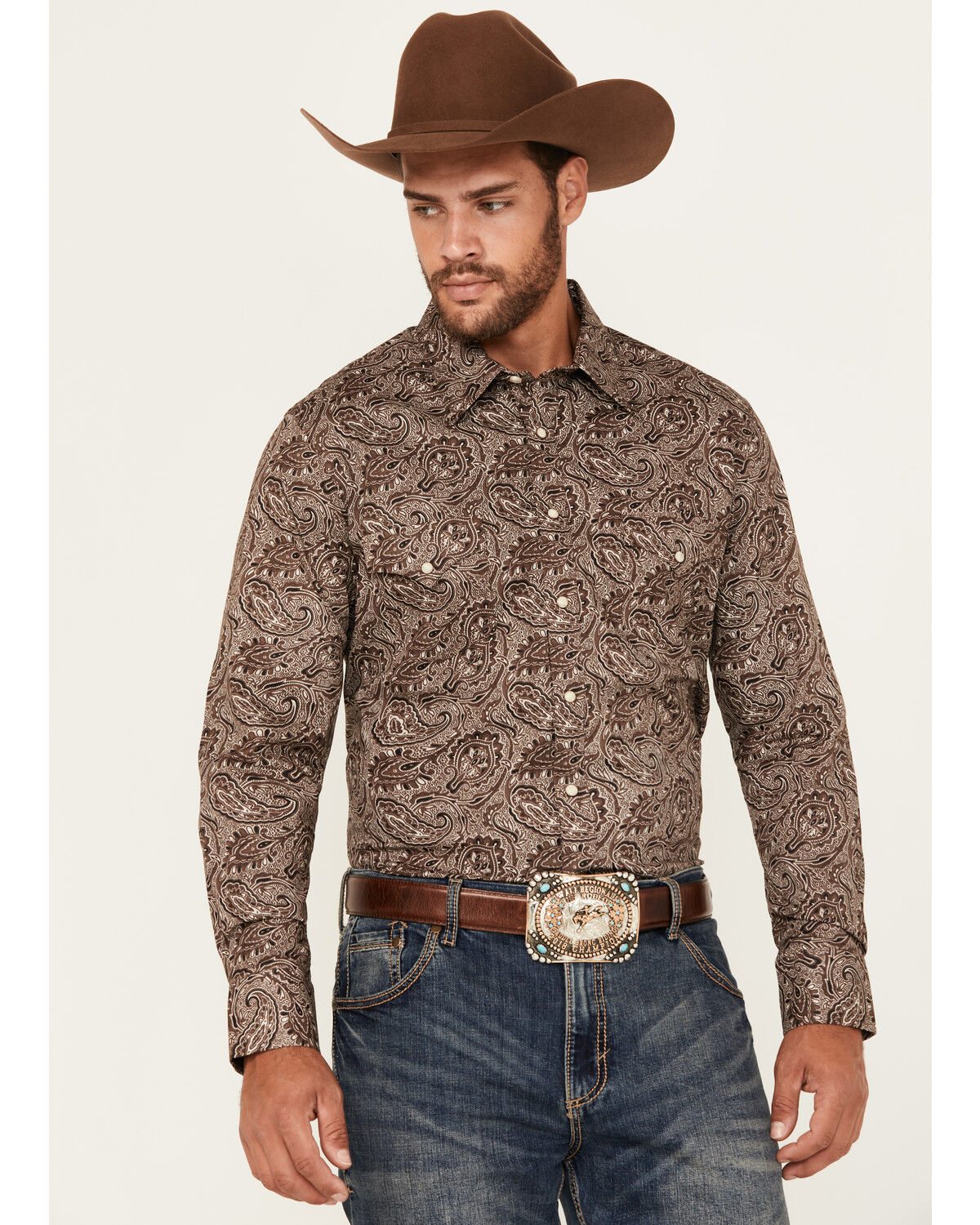 Men's Rock & Roll Denim Paisley Print Long Sleeve Snap Stretch Western