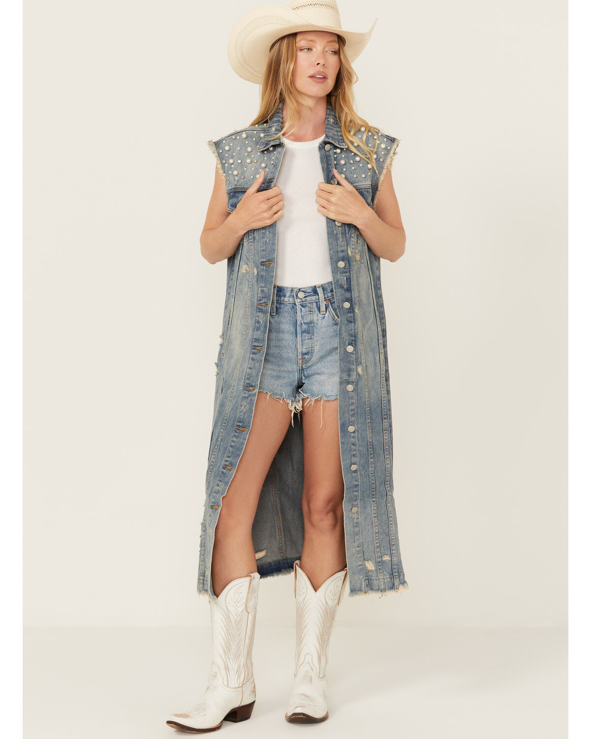 Women's Veveret Pearl Long Denim Vest
