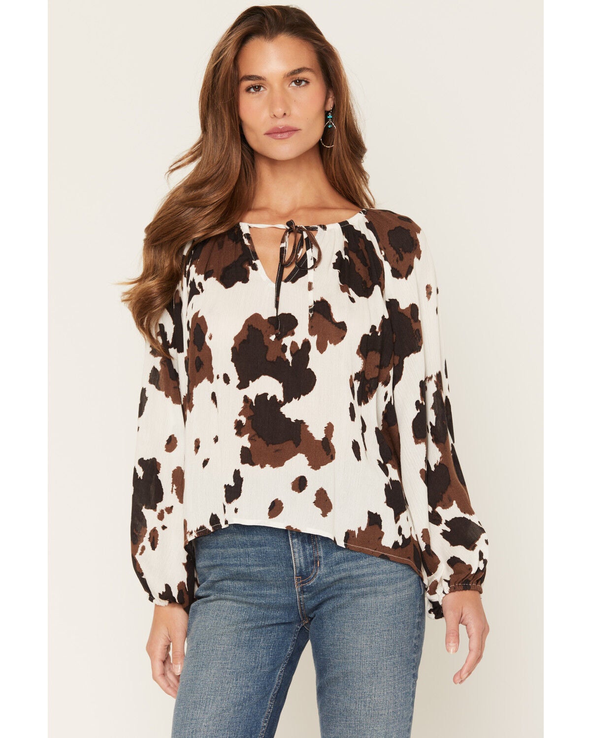 Women's Wild Moss Cow Print Long Sleeve Peasant Top