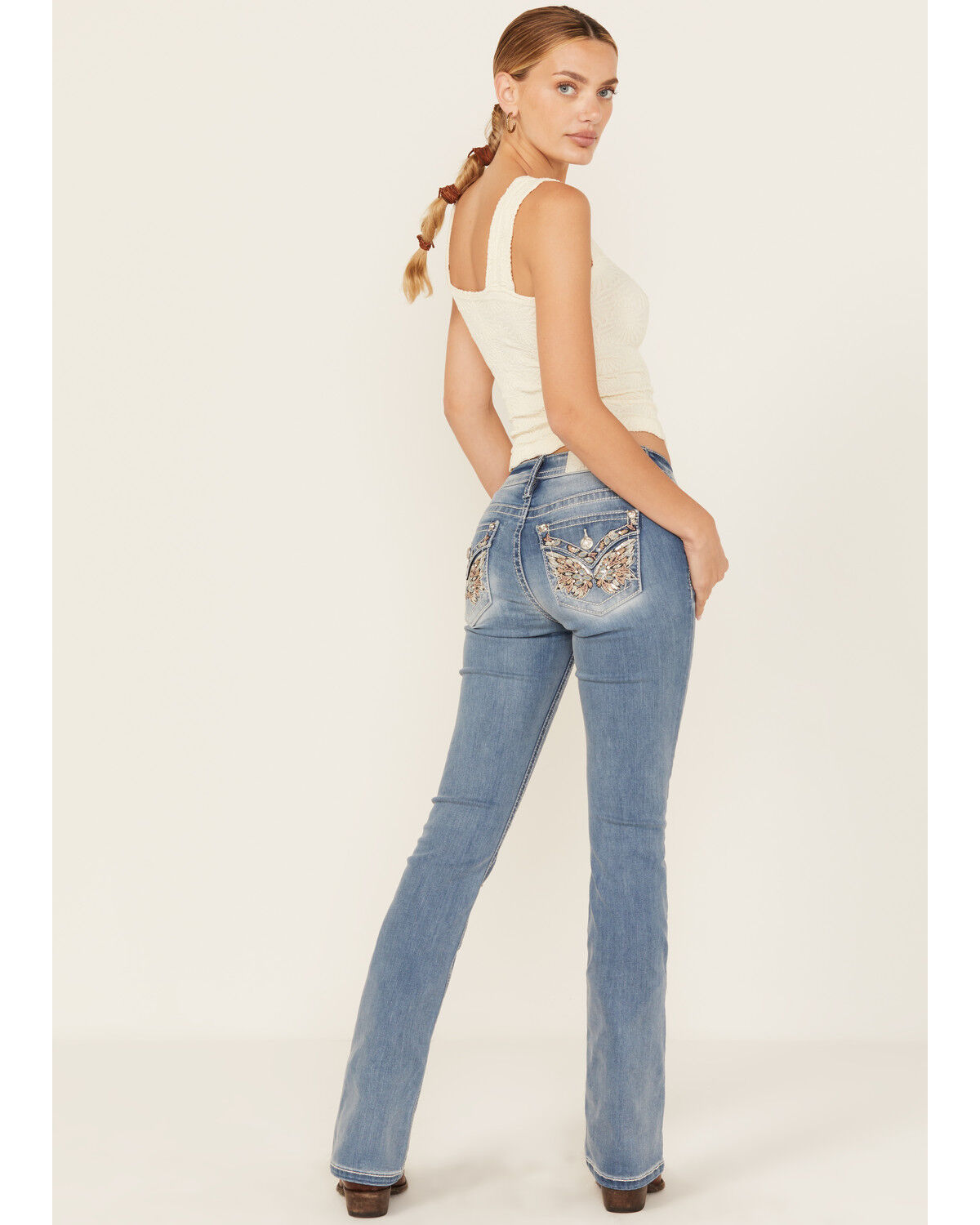 Women's Miss Me Light Wash Mid Rise Butterfly Pocket Bootcut Stretch D