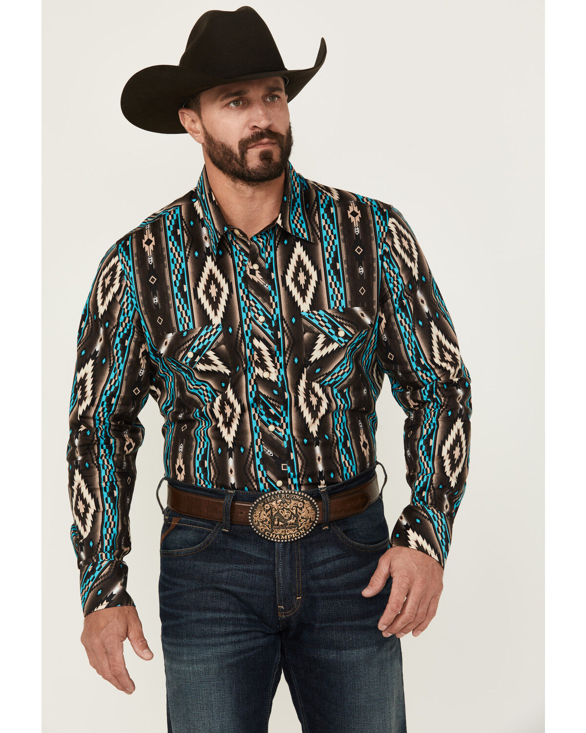 Men's Rock & Roll Denim Southwestern Print Long Sleeve Snap Stretch We