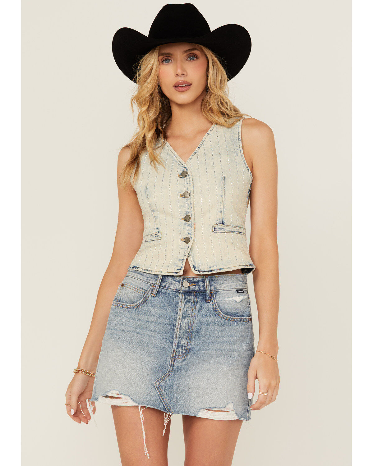 Women's Veveret Acid Wash Rhinestone Vest