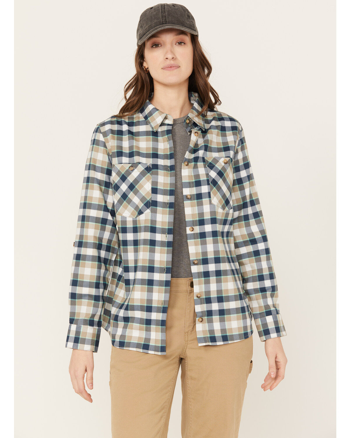 Women's Wrangler Riggs Workwear Plaid Print Long Sleeve Button Down Sh