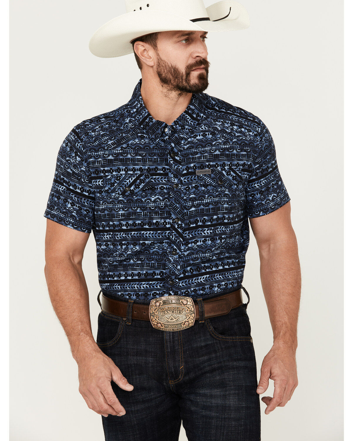 Men's Rock & Roll Denim Southwestern Print Short Sleeve Pearl Snap Per