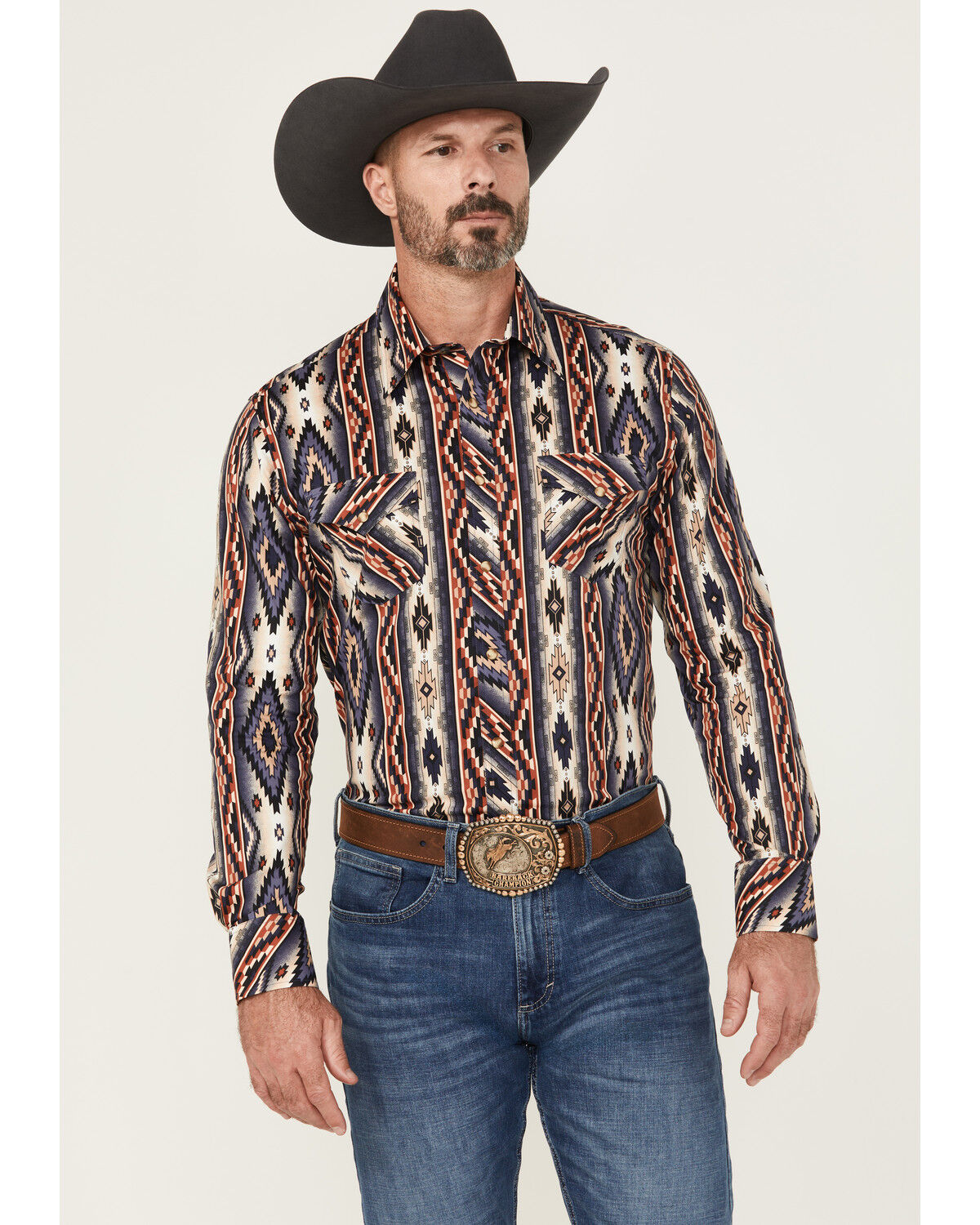 Men's Rock & Roll Denim Southwestern Print Long Sleeve Snap Stretch We