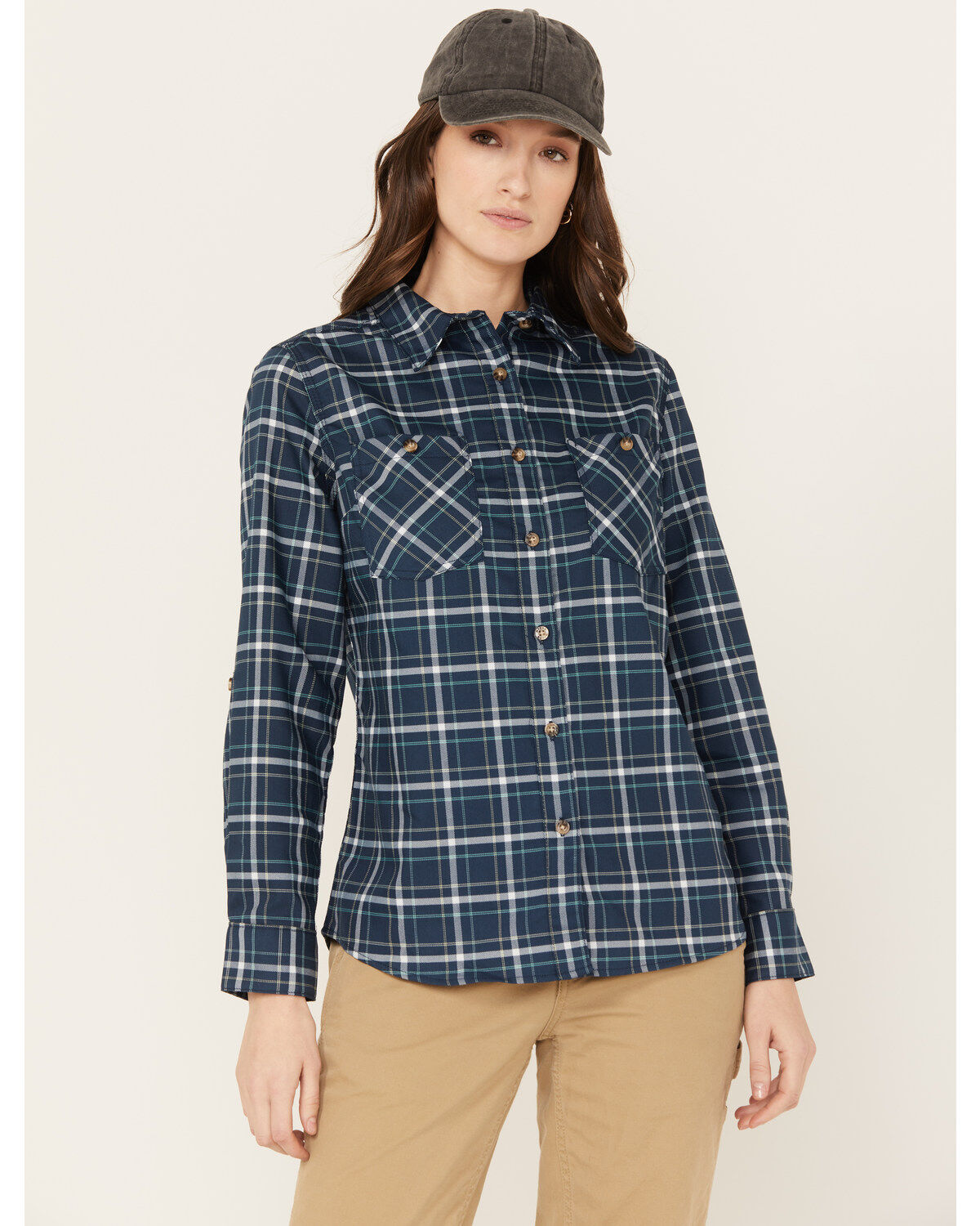 Women's Wrangler Riggs Workwear Plaid Print Long Sleeve Button Down Sh