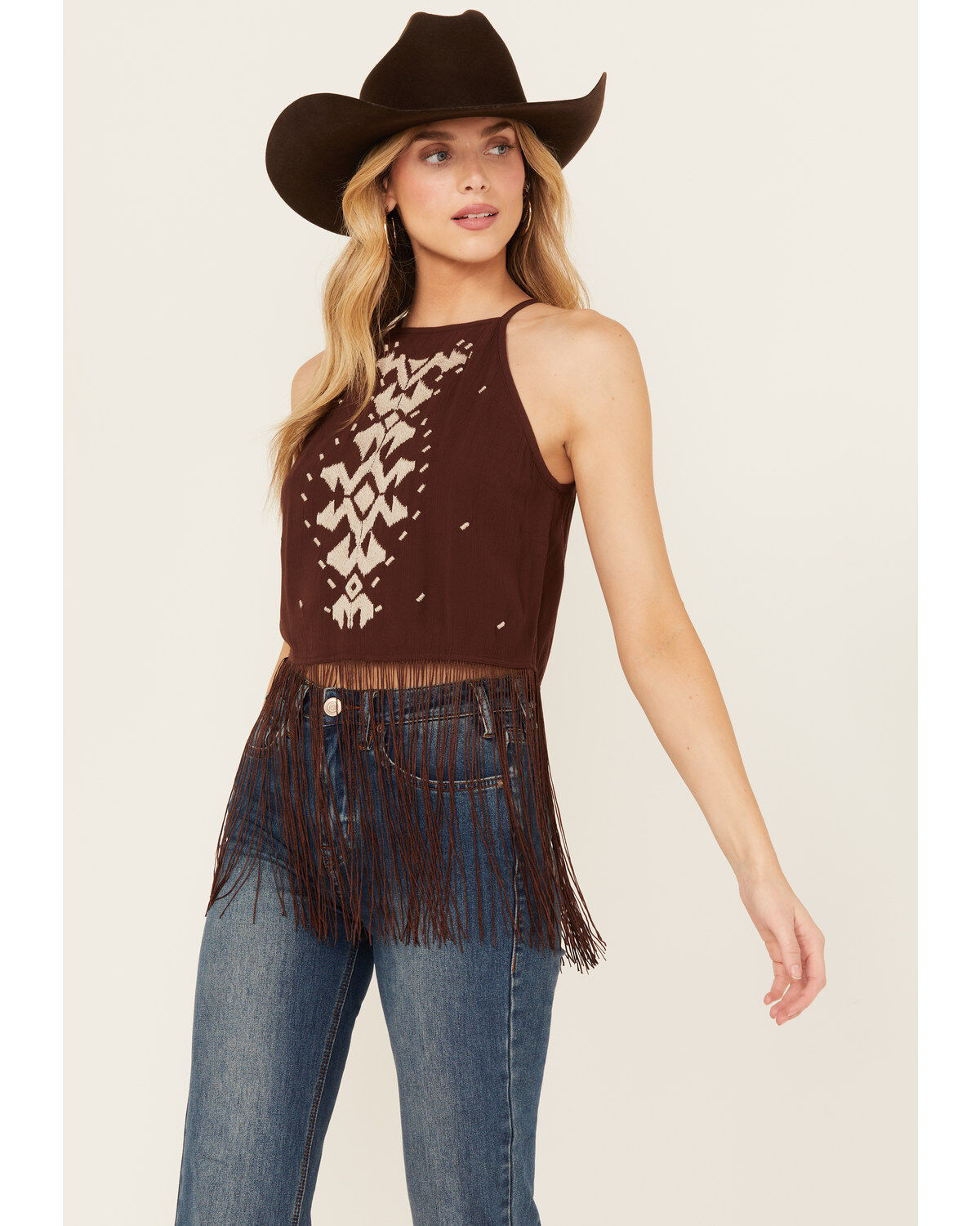 Women's Shyanne Embroidered Fringe Hem Crinkle Top