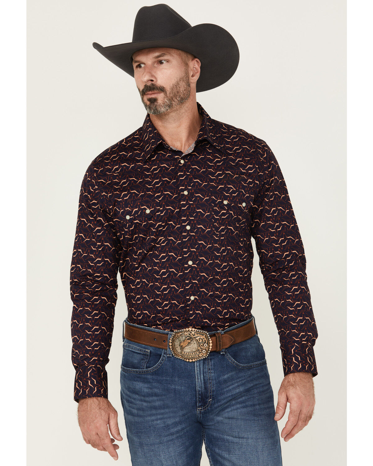 Men's Rock & Roll Denim Longhorn Print Long Sleeve Snap Stretch Wester