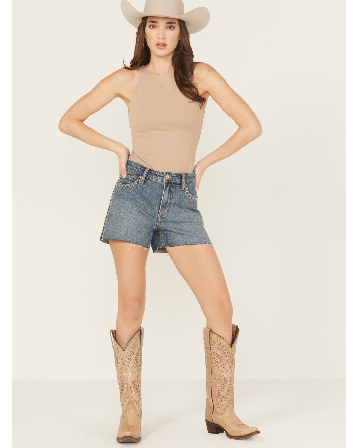 Women's Rock & Roll Denim Medium Wash High Rise Studded Cut-Off Stretc