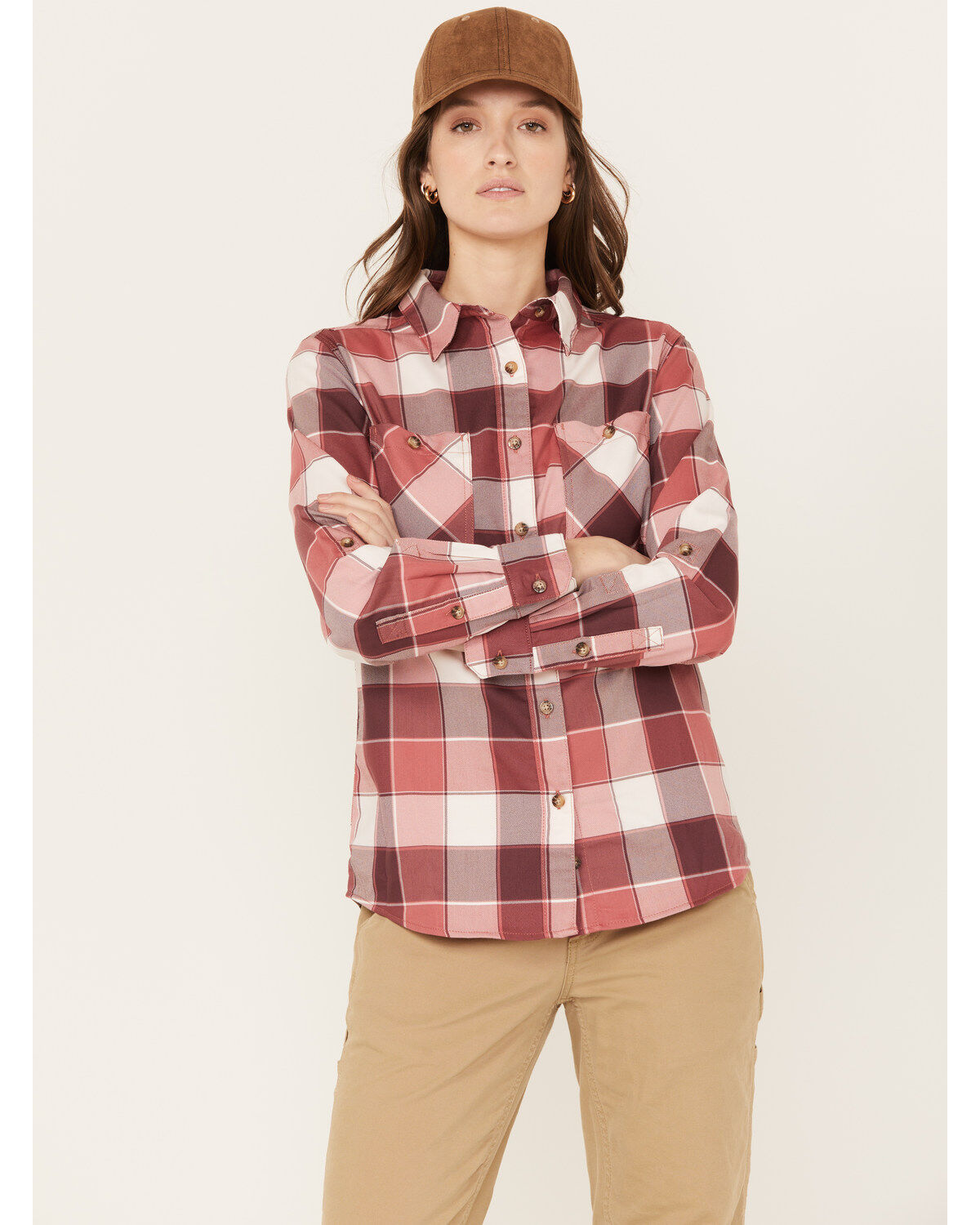 Women's Wrangler Riggs Workwear Plaid Print Long Sleeve Button Down Sh