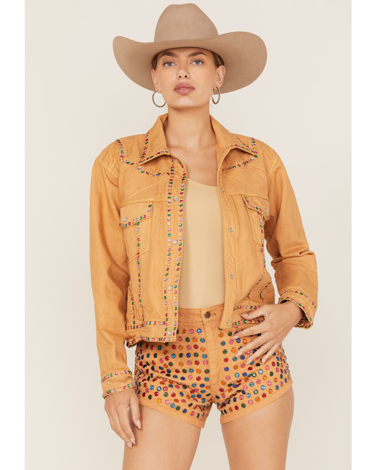Women's Understated Leather Elvis Rhinestone Western Denim Snap Jacket