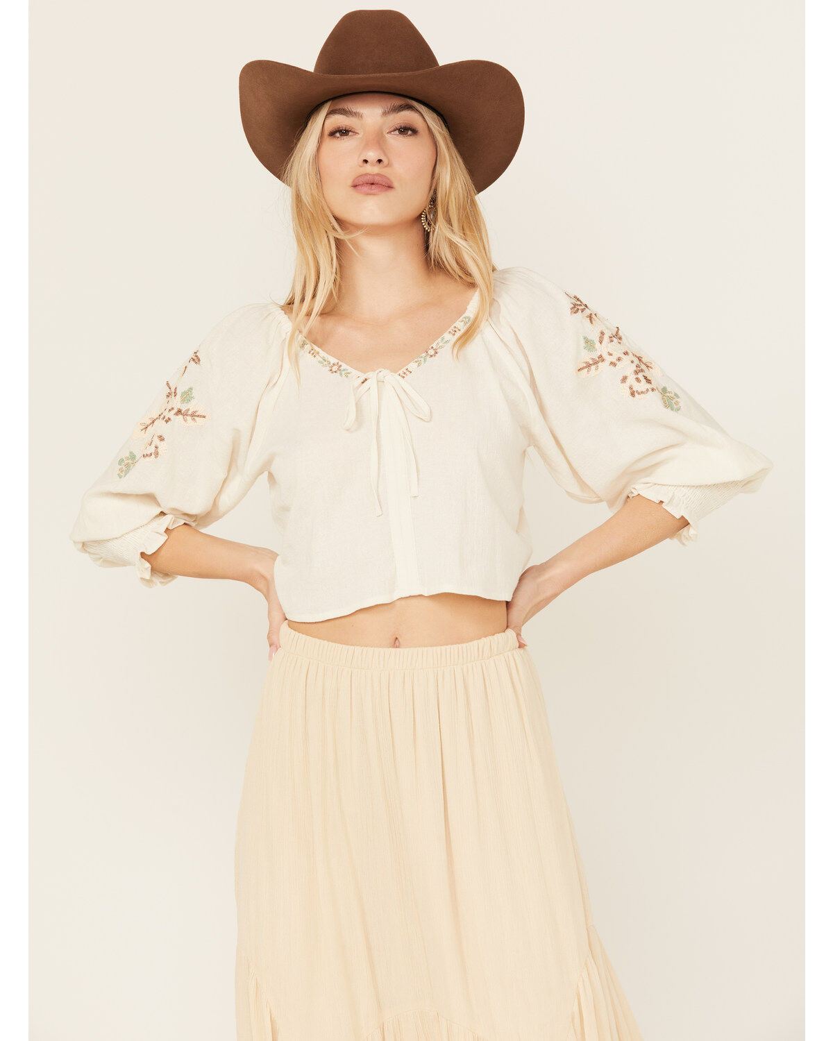 Women's Shyanne Embellished Tie Front Peasant Top