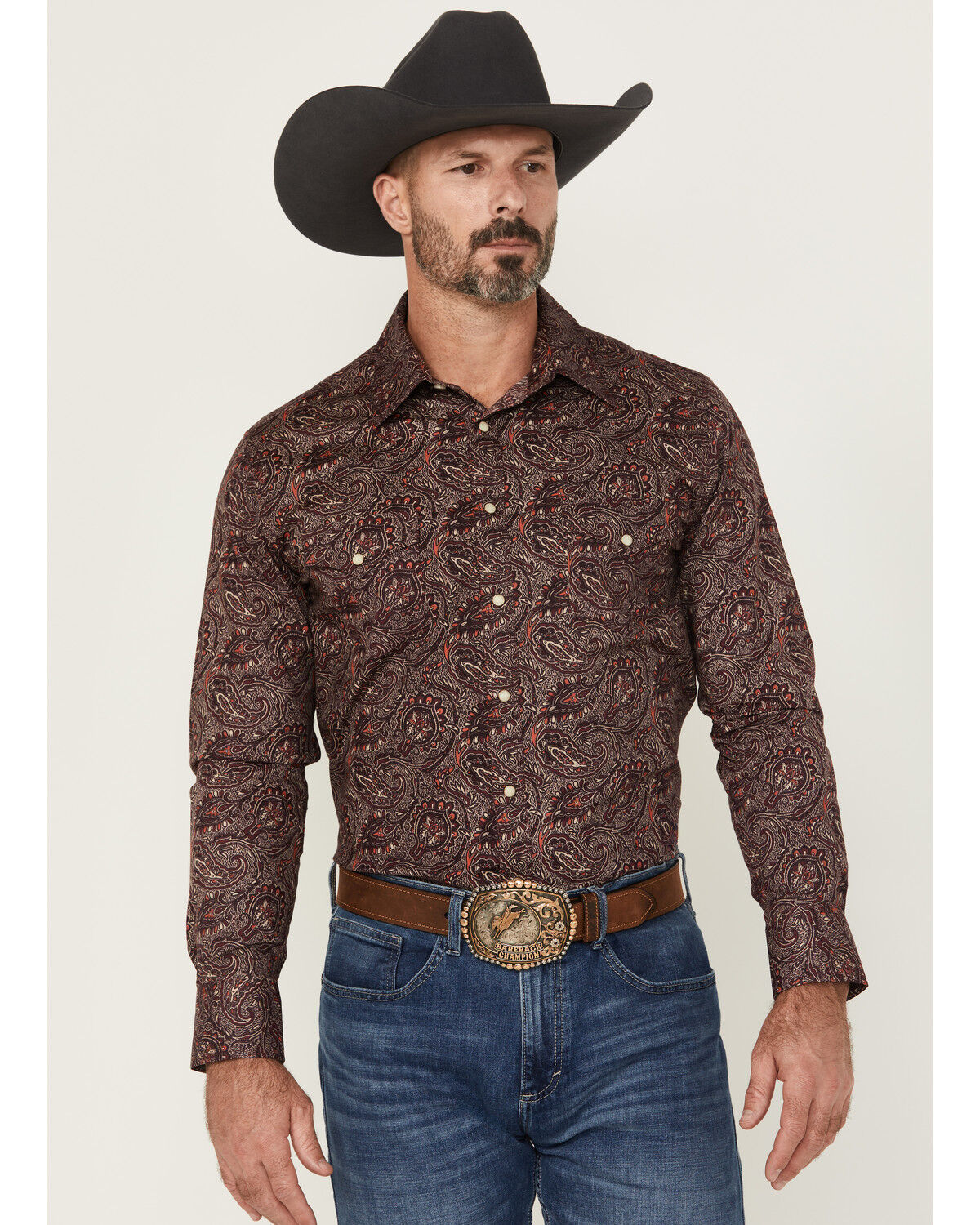 Men's Rock & Roll Denim Paisley Print Long Sleeve Snap Stretch Western