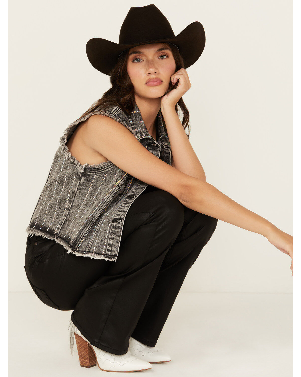 Women's Veveret Rhinestone Button-Down Denim Vest