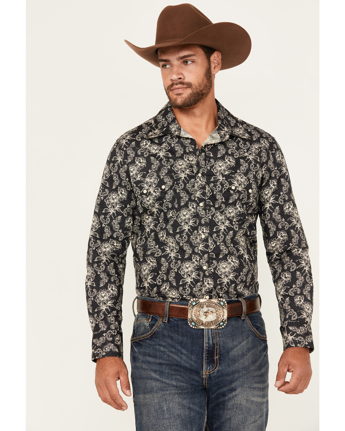 Men's Rock & Roll Denim Floral Print Long Sleeve Snap Stretch Western