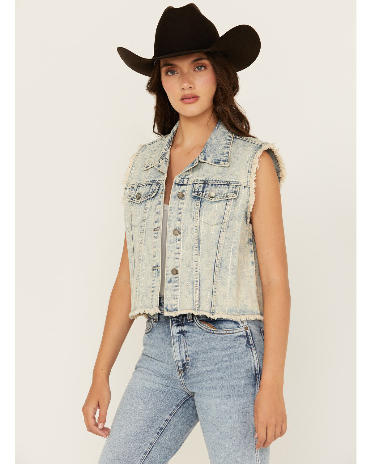 Women's Veveret Light Wash Denim Rhinestone Vest