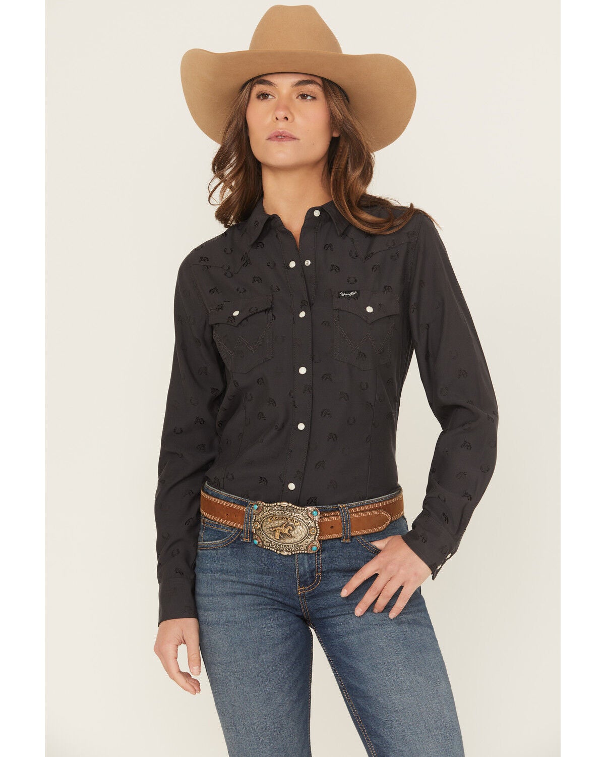Women's Wrangler Retro Horseshoe Print Long Sleeve Snap Western Shirt