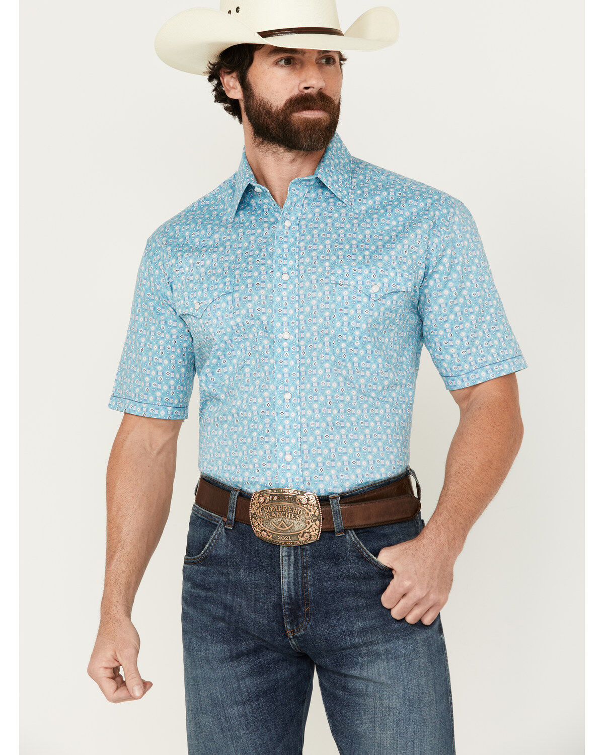 Men's Panhandle Southwestern Print Short Sleeve Pearl Snap Stretch Wes