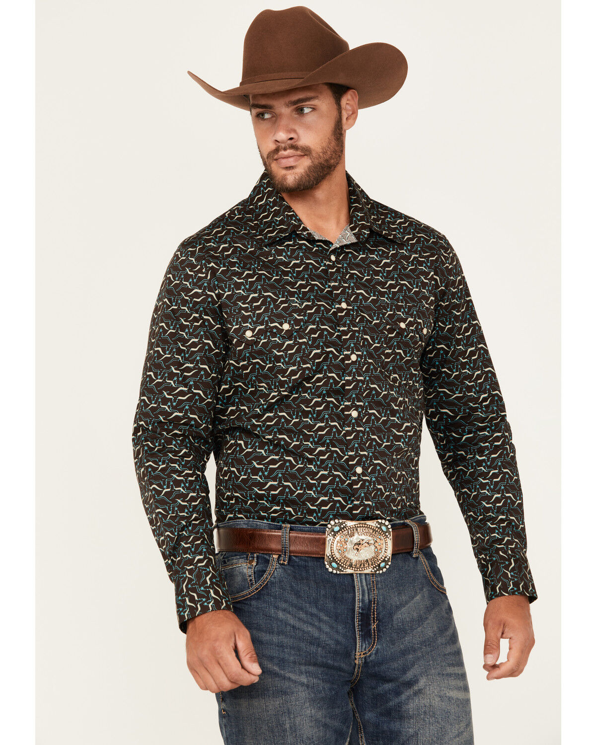 Men's Rock & Roll Denim Long Horn Print Long Sleeve Snap Stretch Weste