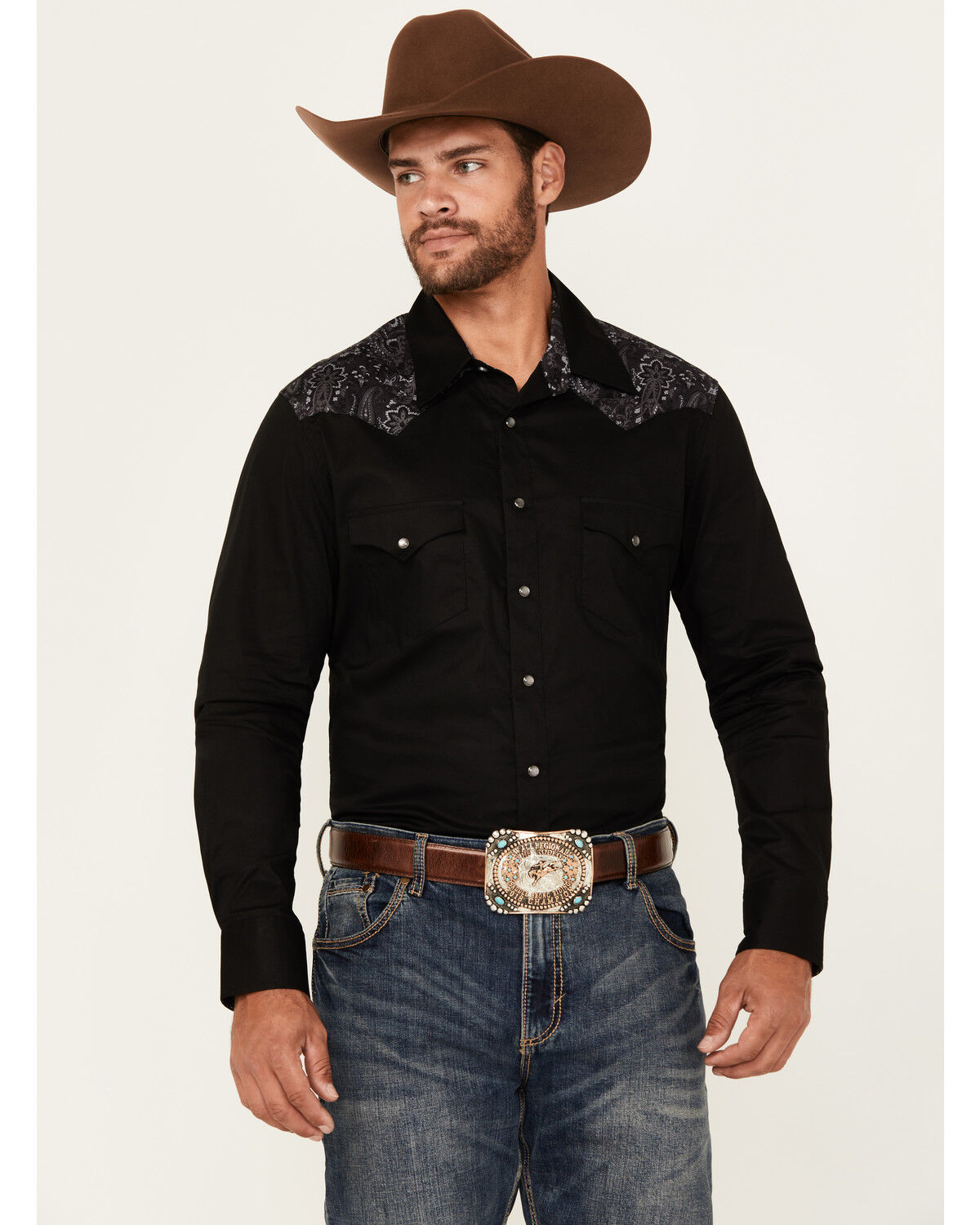 Men's Rock & Roll Denim Paisley Yoke Long Sleeve Pearl Snap Stretch We