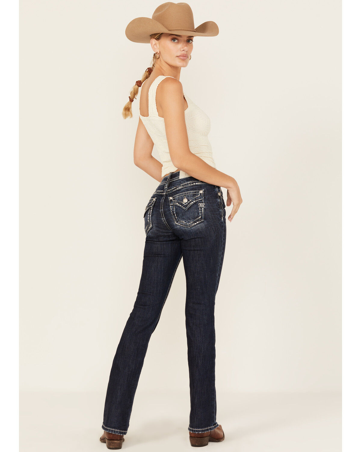 Women's Miss Me Dark Wash Mid Rise Whip Stitch Pocket Bootcut Stretch