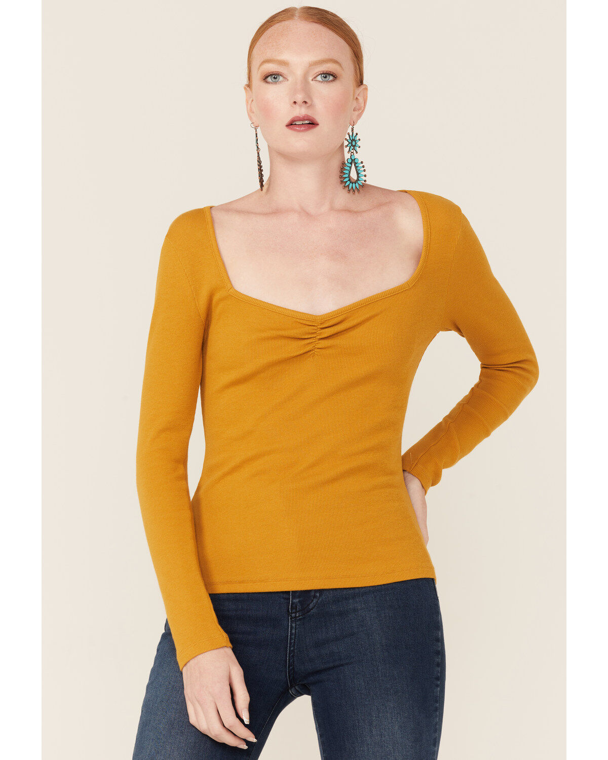 Women's Cinch Panhandle Front Ribbed Knit Long Sleeve Top