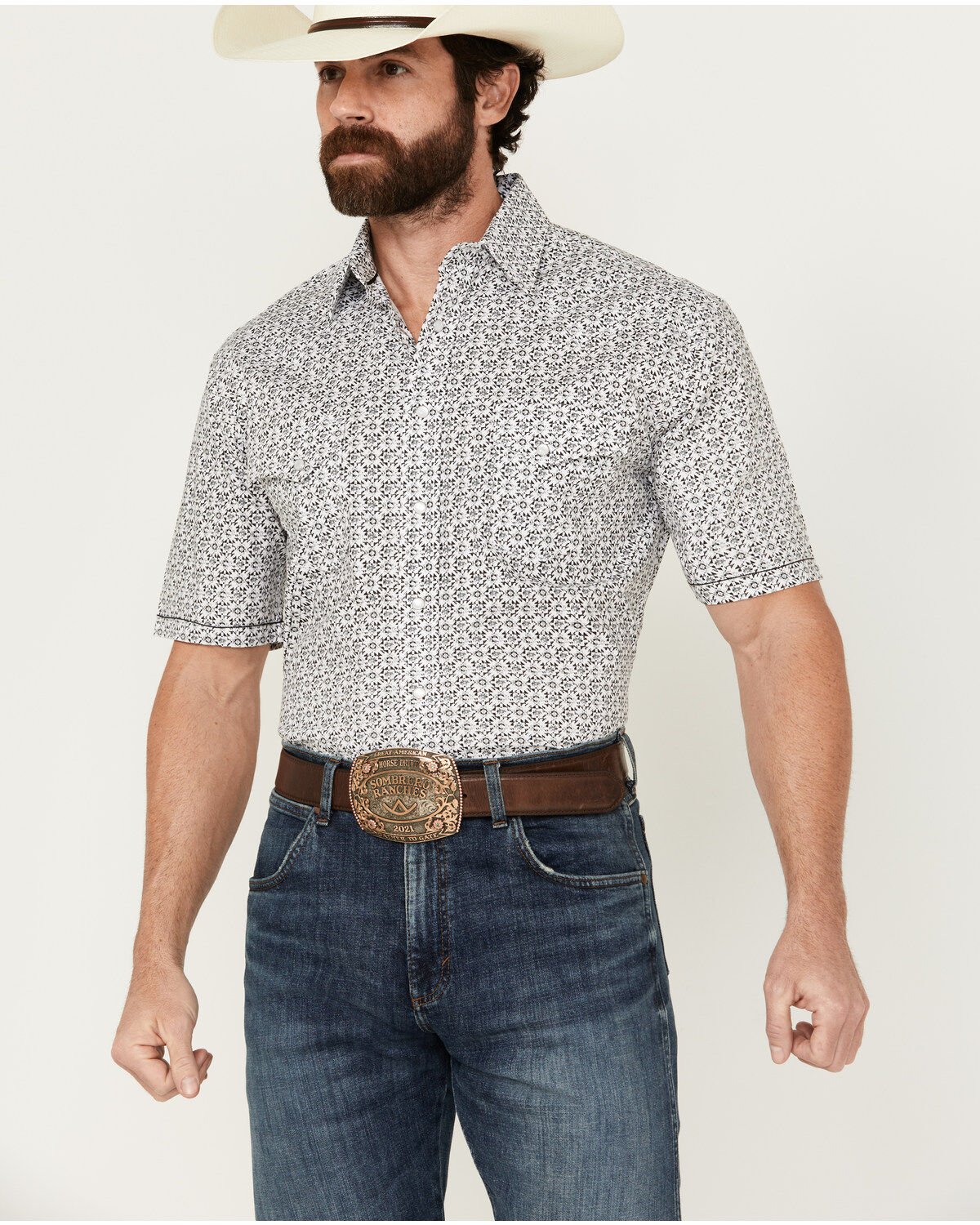 Men's Panhandle Abstract Geo Print Short Sleeve Pearl Snap Stretch Wes