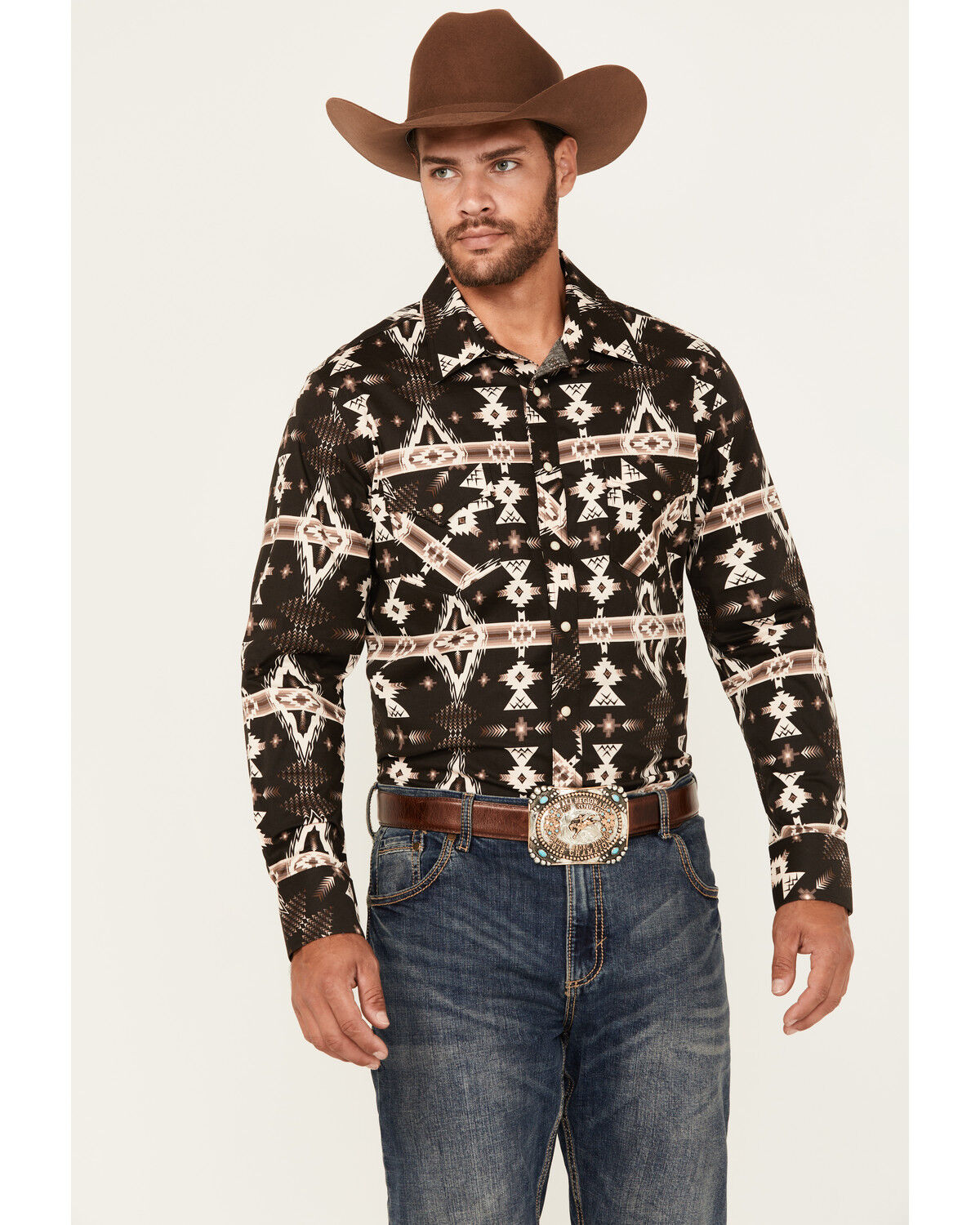 Men's Rock & Roll Denim Southwestern Print Long Sleeve Snap Stretch We