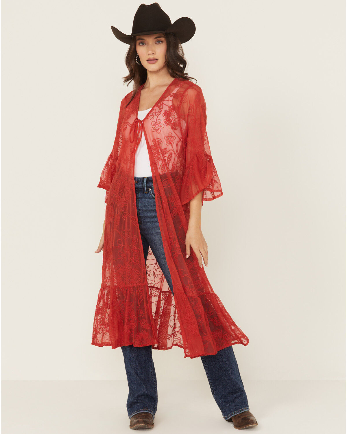 Women's Shyanne Tie-Front Embroidered Mesh Kimono