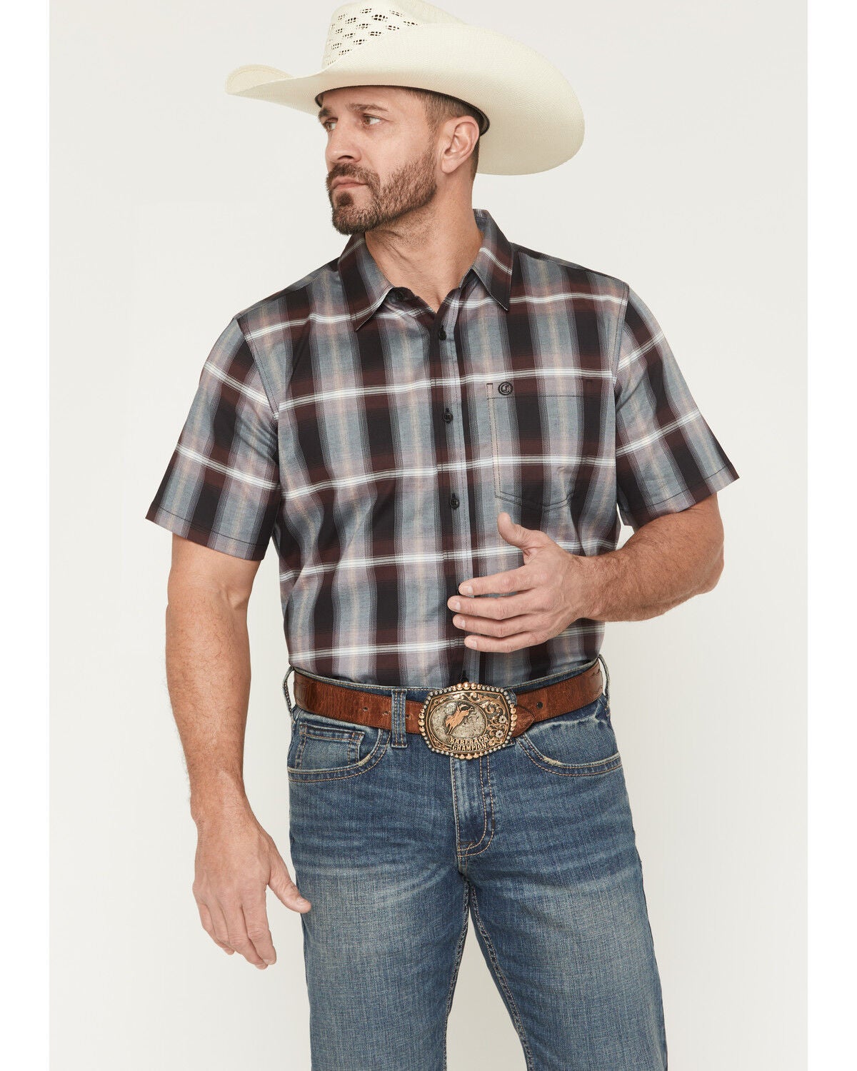 Men's Cody James Bowen Plaid Print Short Sleeve Button-Down Stretch We