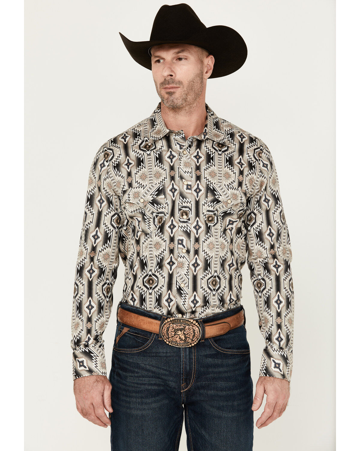 Men's Rock & Roll Denim Southwestern Long Sleeve Pearl Snap Stretch We