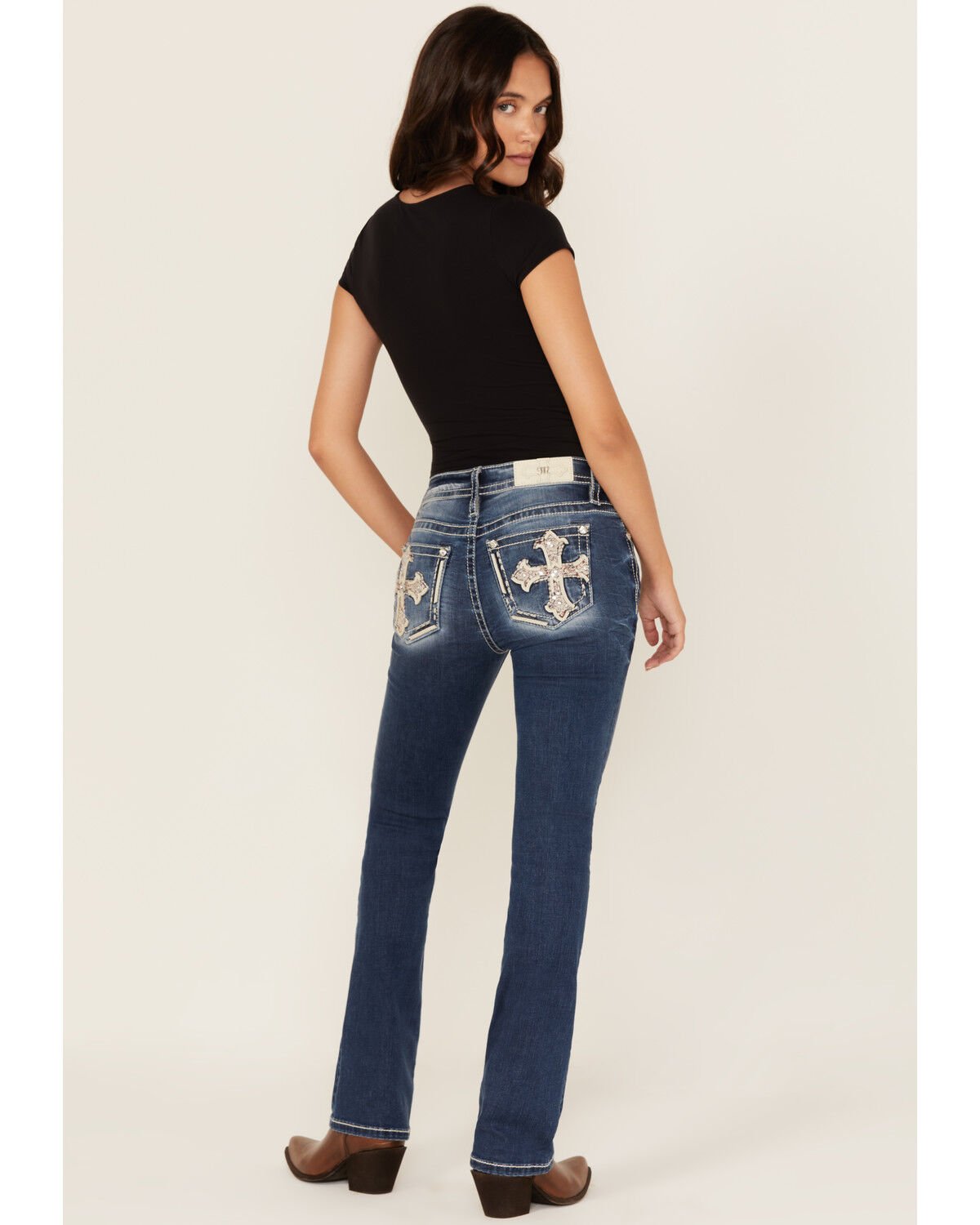 Women's Miss Me Dark Wash Mid Rise Cross Pocket Slim Bootcut Stretch D