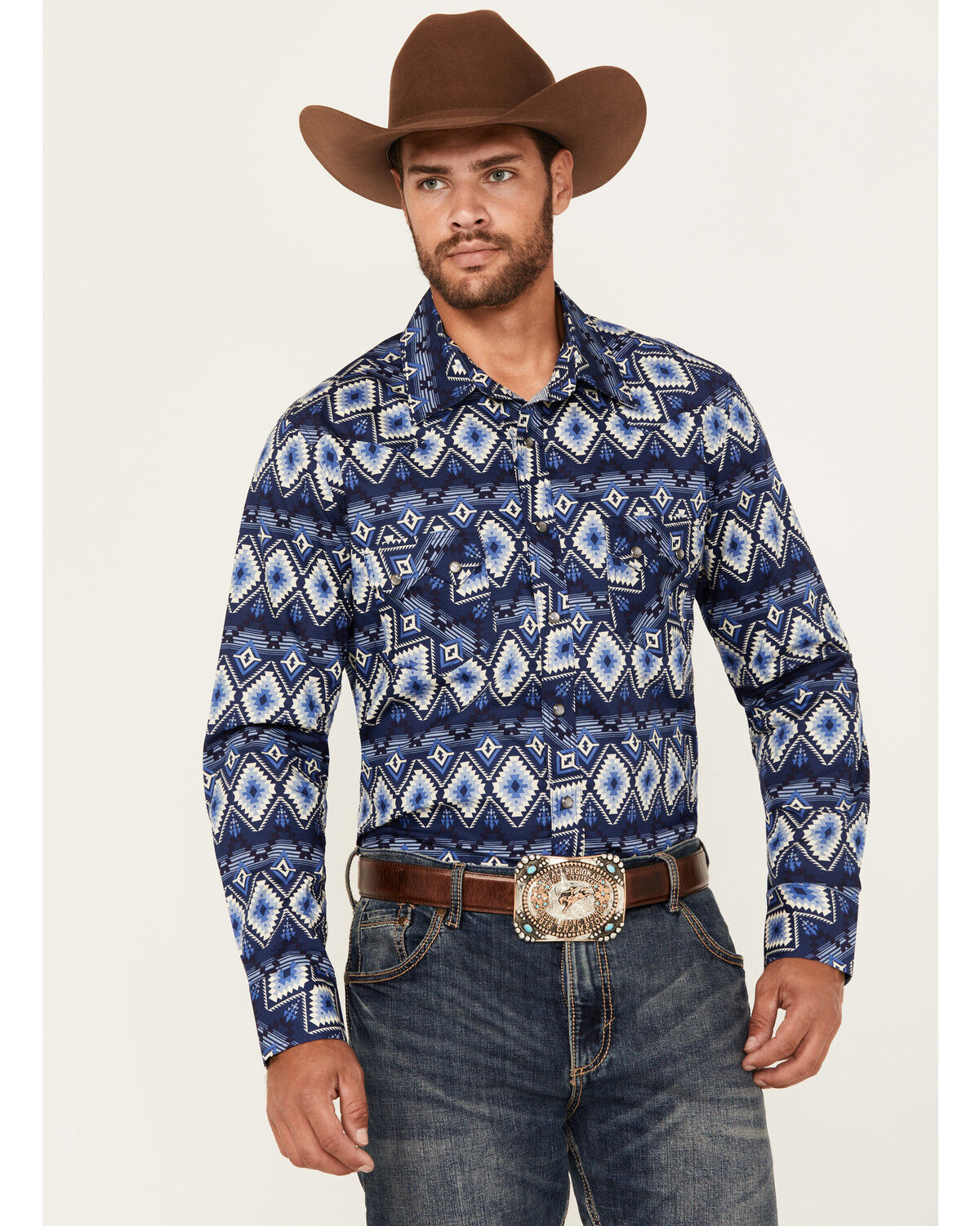 Men's Rock & Roll Denim Southwestern Print Long Sleeve Pearl Snap Stre