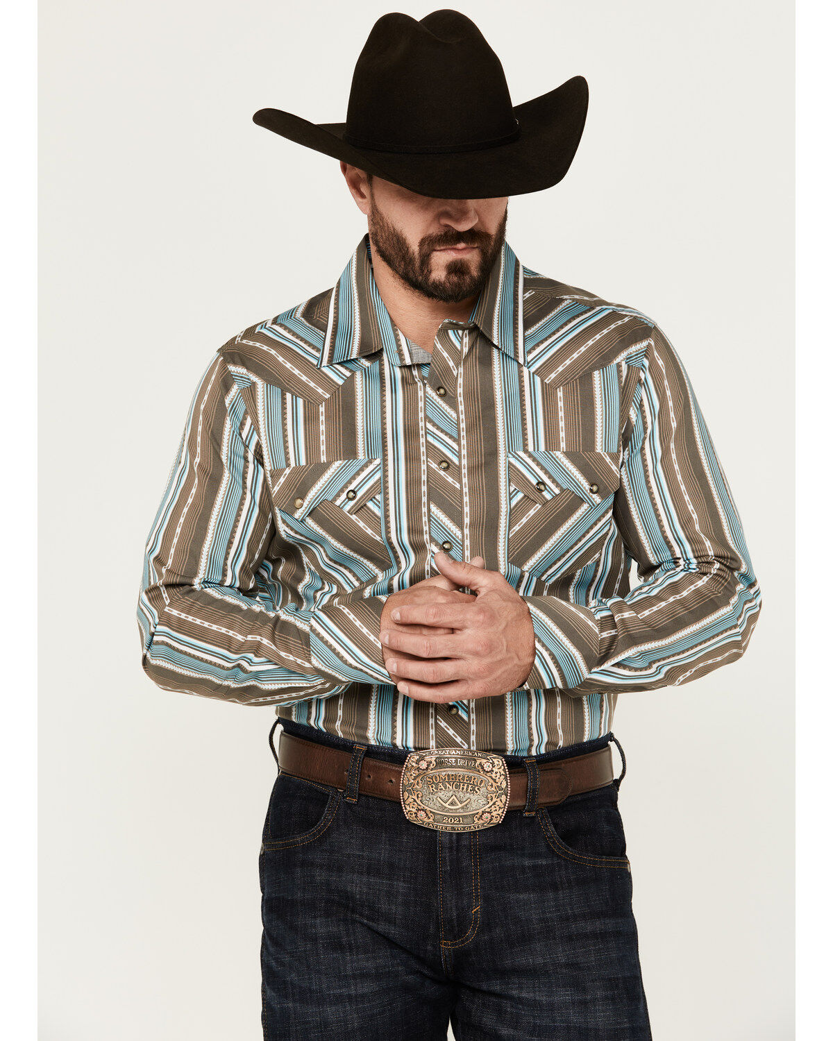 Men's Rock & Roll Denim Serape Striped Print Long Sleeve Pearl Snap We