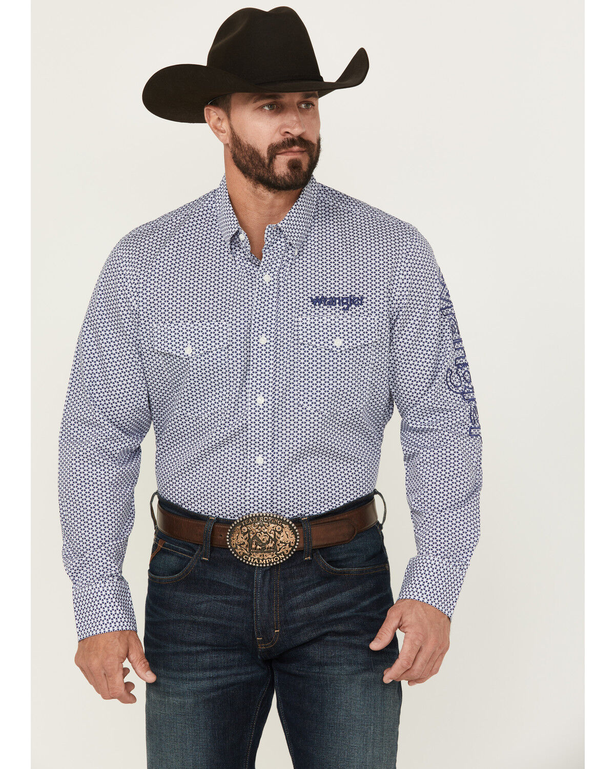 Men's Wrangler Geo Print Logo Long Sleeve Button-Down Western Shirt