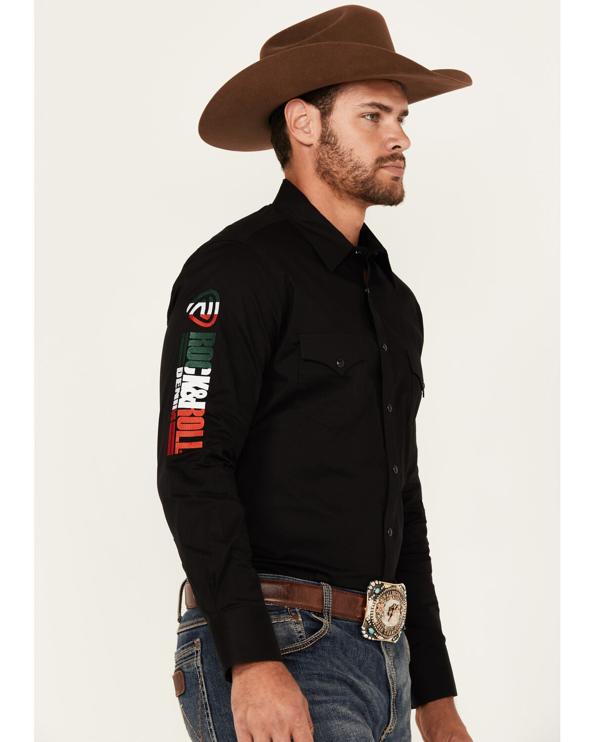 Men's Rock & Roll Denim Mexico Flag Embroidered Logo Long Sleeve Snap