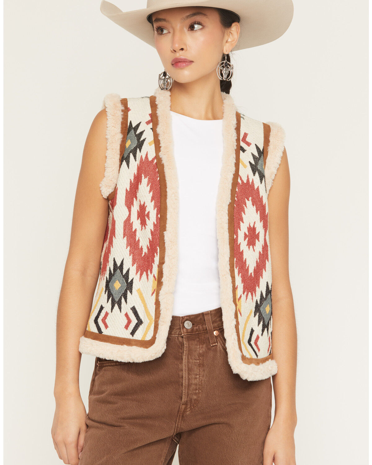 Women's Scully Southwestern Print Sherpa Trim Suede Vest