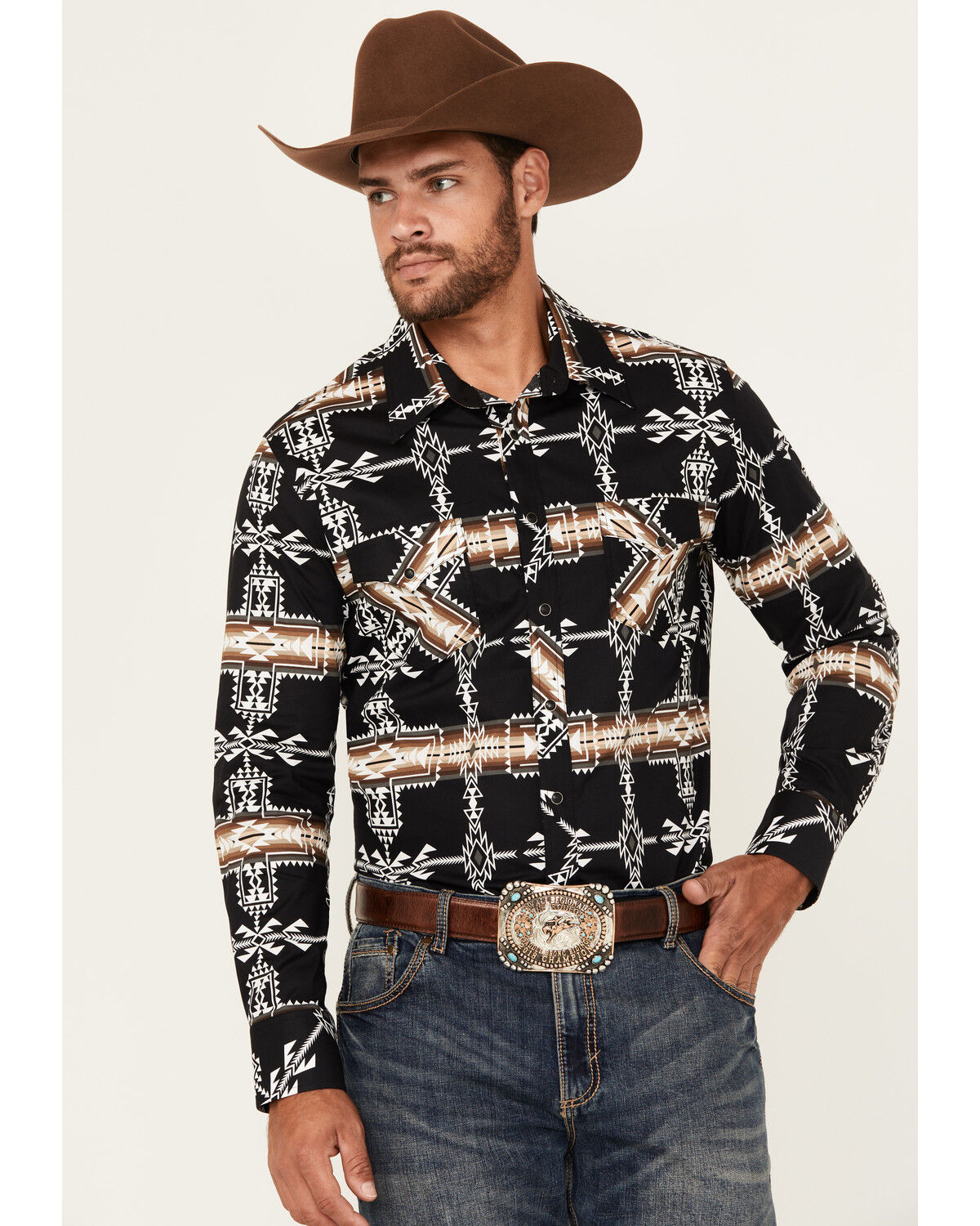 Men's Rock & Roll Denim Southwestern Print Long Sleeve Snap Stretch We