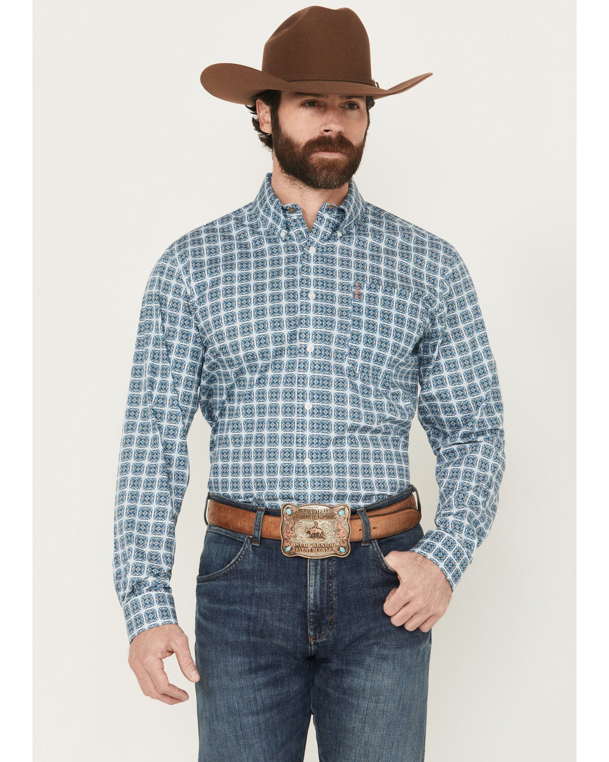 Men's Cinch Floral Geo Print Long Sleeve Button-Down Western Shirt