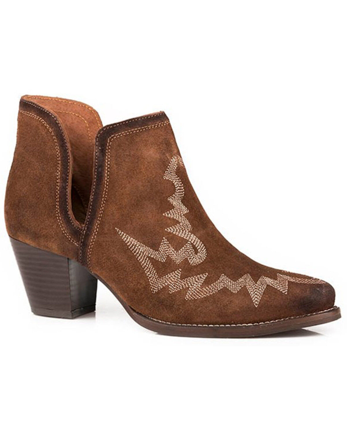 Women's Roper Rowdy Cow Suede Open Side Western Booties - Snip Toe
