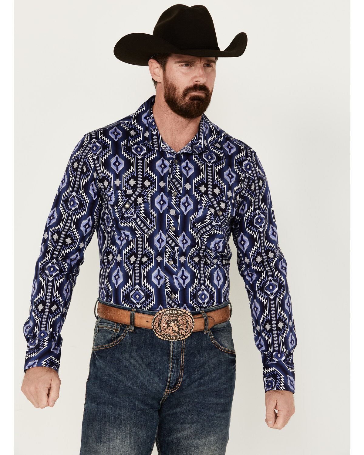 Men's Rock & Roll Denim Southwestern Print Long Sleeve Pearl Snap Stre