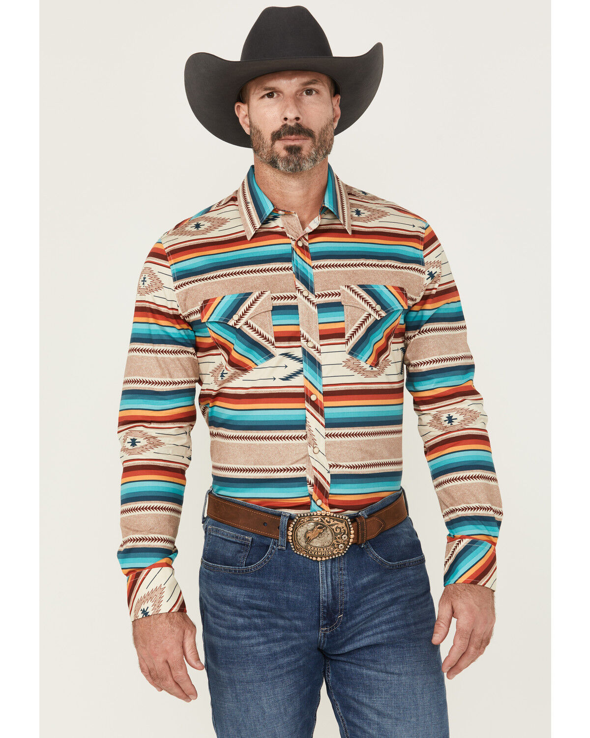 Men's Rock & Roll Denim Southwestern Print Long Sleeve Snap Western St