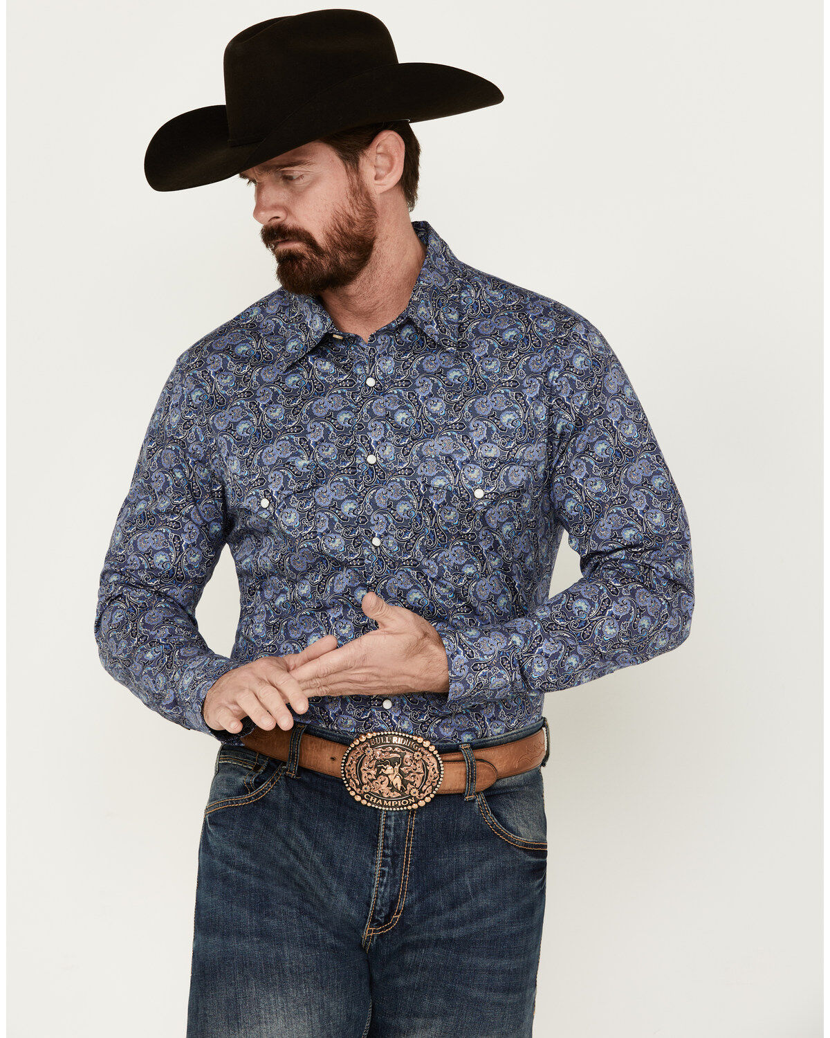 Men's Rock & Roll Denim Paisley Print Long Sleeve Pearl Snap Stretch W