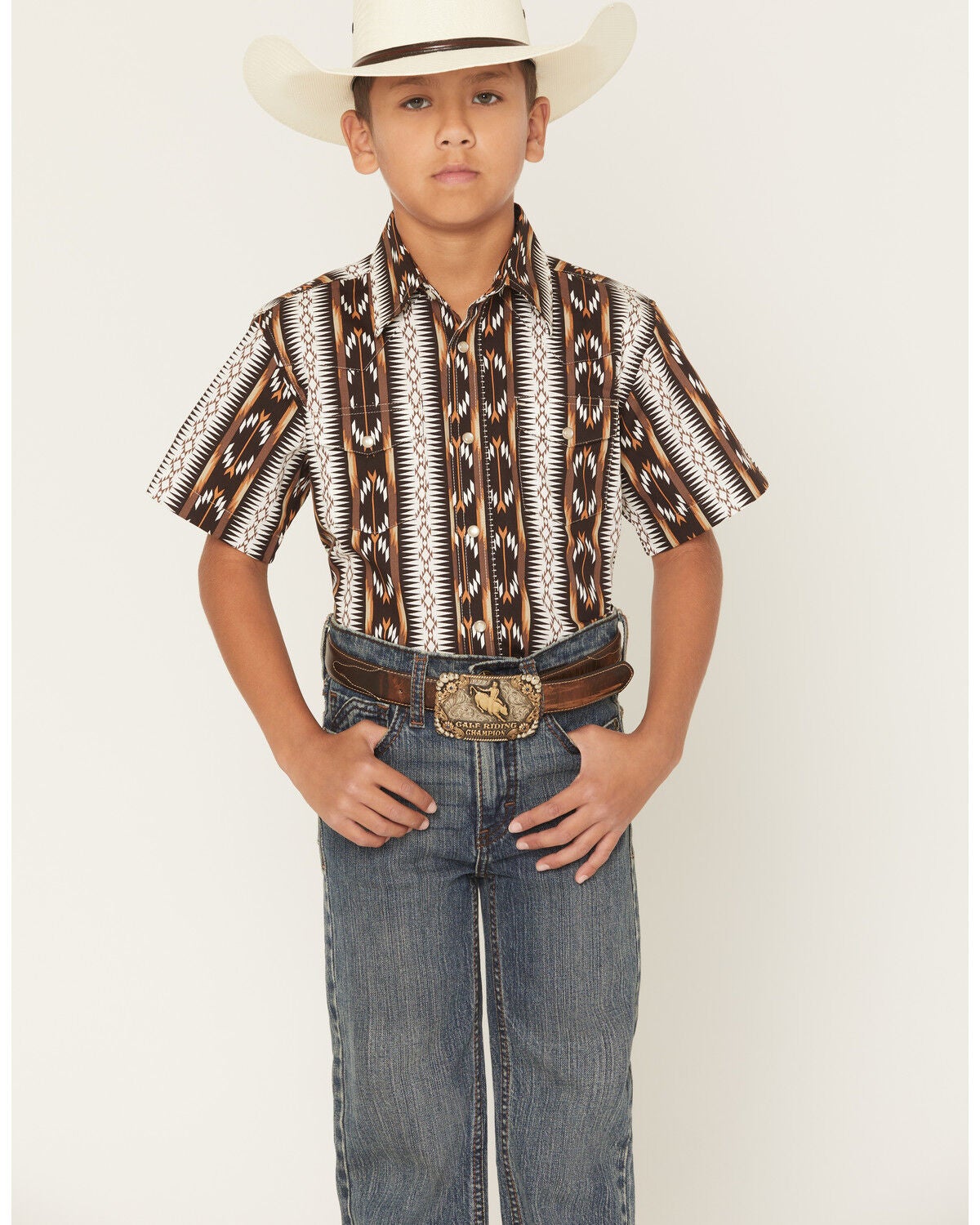 Boys' Wrangler Checotah Southwestern Striped Short Sleeve Pearl Snap W