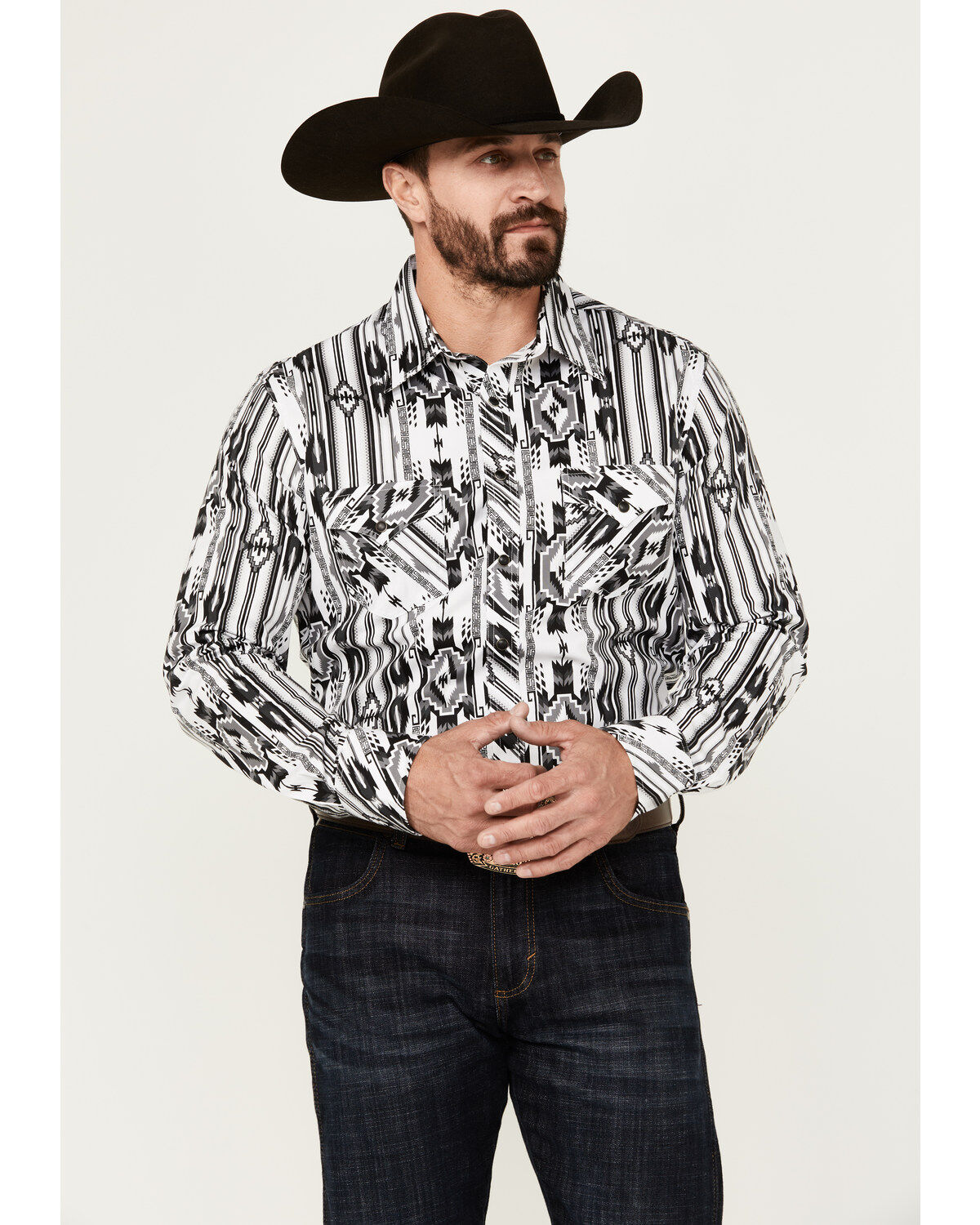 Men's Rock & Roll Denim Modern Fit Southwestern Print Long Sleeve Snap