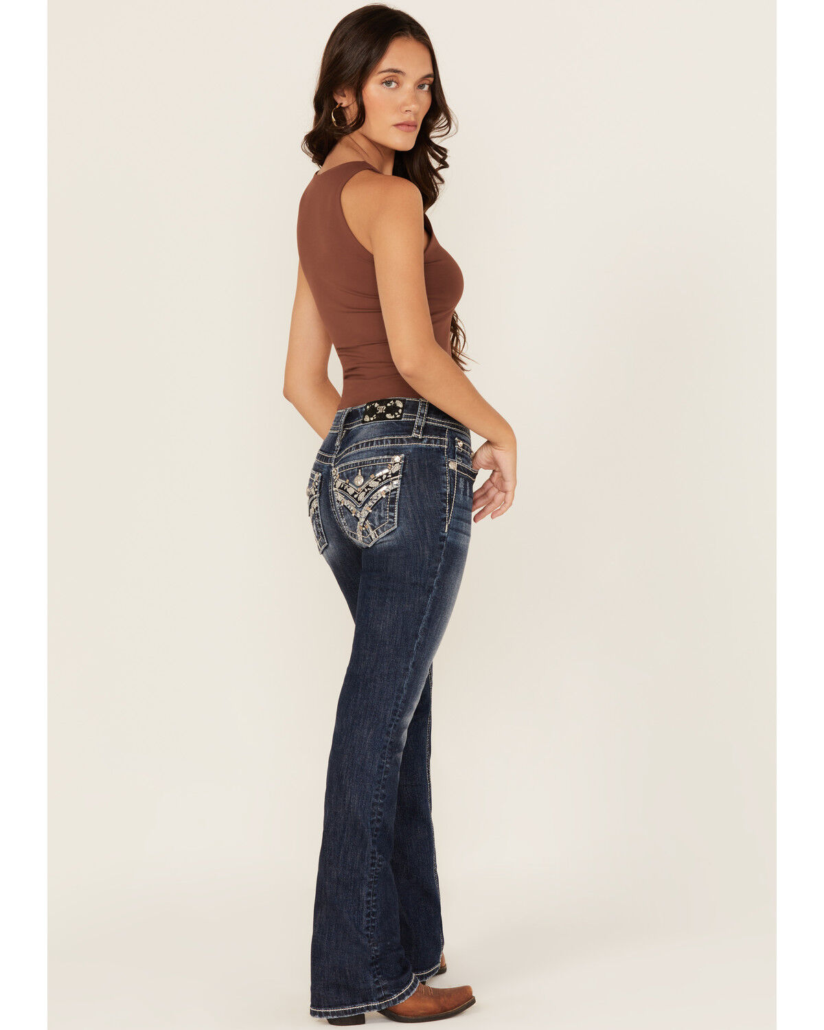 Women's Miss Me Dark Wash Mid Rise Paisley Pocket Bootcut Stretch Deni